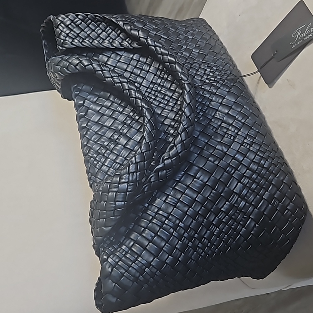 Falor Black Genuine Leather Woven Handbag